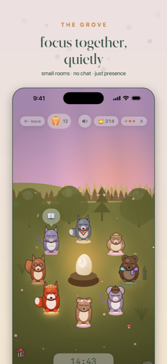 The Grove in Vana — animal companions meditating together around an egg while their people focus