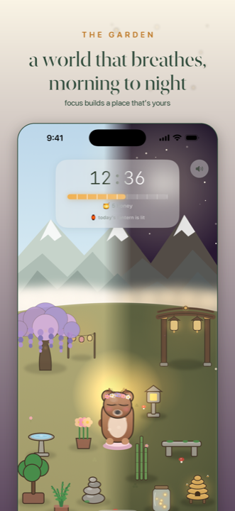 A personal garden in Vana — a golden hilltop above the clouds, decorated with items earned by focusing